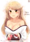  1girl alternate_costume artist_name blonde_hair blush breasts chinchongcha cleavage gift highres holding holding_gift large_breasts long_hair looking_at_viewer mythra_(xenoblade) smile solo valentine xenoblade_chronicles_(series) xenoblade_chronicles_2 yellow_eyes 