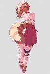  1girl animal_ear_fluff bare_shoulders braid brown_hair commentary_request facing_away grey_background highres leaning_forward nijisanji pleated_skirt ratna_petit red_footwear red_panda_ears red_panda_girl red_panda_tail red_skirt shoes simple_background sirataki_umauma skindentation skirt solo standing striped_tail tail thigh_strap virtual_youtuber 