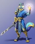  2020 4_toes 5_fingers absurd_res anthro black_nose canid canine digital_media_(artwork) fingers green_hair hair hi_res holding_object holding_sword holding_weapon male mammal melee_weapon solo sword ticl toes weapon yellow_eyes 