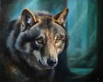  5:4 canid canine canis dimwolf feral forest fur grey_body grey_fur male mammal oil_painting_(artwork) orange_eyes painting_(artwork) solo traditional_media_(artwork) tree wolf 