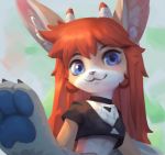  anthro blue_eyes blue_paws bottomwear clothing elodoart female hair hi_res horn looking_at_viewer pawpads paws red_hair shorts smiling_at_viewer solo 