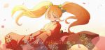  1girl bangs blonde_hair bow cat_hair_ornament closed_eyes closed_mouth commentary_request criis-chan danganronpa facing_down floating_hair floral_print gradient gradient_background green_bow hair_bow hair_ornament japanese_clothes kimono long_hair long_sleeves orange_kimono petals print_kimono saionji_hiyoko short_hair smile solo super_danganronpa_2 twintails twitter_username upper_body 