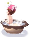  1girl anglerfish_costume artist_name ass bathing bathtub blush breasts brown_hair closed_mouth dated eyebrows_visible_through_hair girls_und_panzer hat highres kuzuryuu_kennosuke large_breasts looking_at_viewer looking_back nishizumi_miho nude shiny shiny_hair shiny_skin short_hair shoulder_blades simple_background solo white_background 