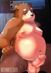  2020 absurd_res anthro balls belly big_dick_day brown_body brown_fur censored erection fur genitals hi_res humanoid_genitalia humanoid_hands humanoid_penis japanese_text kemono male mammal moobs navel nipples overweight overweight_anthro overweight_male penis solo text ursid yukio_ammy 