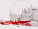  1boy 1other absurdres albino avogado6 blood fingernails french_commentary highres implied_death licking_blood male_focus original pale_skin pointy_ears red_eyes simple_background solo tongue tongue_out vampire white_background white_hair white_skin 