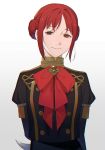  1girl arms_behind_back closed_mouth collared_shirt double_bun fire_emblem fire_emblem:_three_houses garreg_mach_monastery_uniform hidden_weapon highres kyufe long_sleeves looking_at_viewer monica_von_ochs red_eyes red_hair red_ribbon ribbon shirt short_hair simple_background smile upper_body 