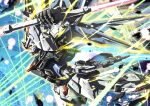  battle battle_damage beam_saber commentary debris double-blade exhaust flying freedom_gundam from_side genesis_(gundam) glowing glowing_eye gundam gundam_seed highres holding holding_sword holding_weapon mecha mecha_focus mechanical_wings mobile_suit no_humans robot science_fiction solo space sparkle sword troy_(oxaa01ex) v-fin weapon wings yellow_eyes 