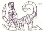 2011 arachnid arachnid_taur arthropod arthropod_taur bottomwear clothing exoskeleton hair humanoid_pointy_ears lanhao male open_mouth pants scorpion scorpion_taur short_hair side_view solo stinger_(anatomy) taur torn_clothing traditional_media_(artwork) transformation 