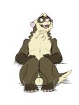  anthro balls domestic_ferret fluffy genitals lying male mammal muffin_(themuffinly) mustela mustelid musteline nervous on_back simple_background smile solo themuffinly 