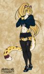  2020 alishka anthro blue_eyes breasts cheetah clothed clothing cybernetics digital_media_(artwork) eyebrows eyelashes felid feline female footwear hair hi_res legwear long_hair machine mammal midriff navel ponytail shoes smile solo standing stockings sydea text url 