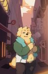  2020 absurd_res anthro belly blush bottomwear canid canine canis clothing cu_sith_(tas) domestic_dog hi_res humanoid_hands kemono male mammal navel outside pants piero03432812 scarf slightly_chubby solo tokyo_afterschool_summoners video_games 