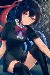  1girl asymmetrical_wings black_dress black_hair black_legwear blurry blush bokeh bow bowtie breasts closed_mouth commentary_request dark_background dated depth_of_field dress feet_out_of_frame hair_between_eyes head_tilt highres houjuu_nue kisamu_(ksmz) knee_up leaf light_smile medium_breasts red_bow red_eyes short_hair short_sleeves signature sitting smile solo thighhighs touhou wings 