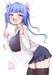  1girl alternate_costume artist_logo black_one-piece_swimsuit black_skirt black_thighhighs blue_hair breasts collared_shirt dress_shirt fang gradient_hair highres i-19_(kancolle) kantai_collection large_breasts leaning_forward logo long_hair multicolored_hair name_tag necktie one-piece_swimsuit open_clothes open_mouth open_shirt pink_hair pleated_skirt red_eyes red_necktie shirt simple_background skin_fang skirt smile solo star-shaped_pupils star_(symbol) swimsuit swimsuit_under_clothes symbol-shaped_pupils thighhighs tiemu_(man190) tri_tails twintails white_background white_shirt 