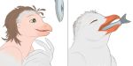  2020 ambiguous_gender avian beak bird brown_hair duo eyes_closed feathers fish gull hair human krazyivan lari larid mammal marine nude smile solo_focus transformation vore white_body white_feathers 