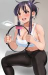  1girl blush breasts breath brown_eyes exercise folded_hair hair_ornament hairclip highres holding igarashi_kyouhei joy-con large_breasts leggings navel open_mouth original pants purple_hair ring-con ring_fit_adventure sidelocks solo sports_bra squatting sweat v-shaped_eyebrows yoga_pants 