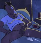  2018 alcohol anthro balls bed beer beverage beverage_can black_hair bodily_fluids bojack_horseman bojack_horseman_(character) bottomless brown_body clothed clothing cum cum_string drunk equid equine erection furniture genital_fluids genitals hair holding_penis horse humanoid_genitalia humanoid_penis looking_down lying male mammal masturbation moobs netflix on_back on_bed penile penile_masturbation penis portrait pubes shirt slightly_chubby solo spread_legs spreading substance_intoxication sweetbot t-shirt three-quarter_portrait topwear white_clothing white_shirt white_topwear 