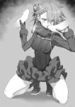  1girl 2boys 3adultonly ange_(princess_principal) blush braid breasts covered_nipples fellatio frilled_skirt frills gloves greyscale kneeling licking licking_penis medium_breasts microskirt monochrome multiple_boys oral penis princess_principal shiny shiny_hair short_hair simple_background skirt tongue tongue_out 