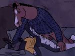  2018 anthro anthro_on_anthro anthro_penetrated anthro_penetrating anthro_penetrating_anthro balls bed bodily_fluids bojack_horseman bojack_horseman_(character) bottomless clothed clothing duo equid equine eyewear female female_penetrated furniture genitals giraffid glasses horse lying male male/female male_penetrating male_penetrating_female mammal missionary_position netflix okapi on_back on_bed penetration penis pubes pussy sex sweat sweater sweetbot topwear trans_(lore) trans_man_(lore) vaginal vaginal_penetration 