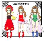  absurdres aerith_gainsborough bare_shoulders brown_hair cape celes_chere celes_chere_(cosplay) cosplay dress final_fantasy final_fantasy_vi final_fantasy_vii final_fantasy_vii_ever_crisis highres jewelry long_hair parted_bangs ponytail relm_arrowny relm_arrowny_(cosplay) sash song30133 strapless strapless_dress terra_branford terra_branford_(cosplay) tube_dress waist_sash 
