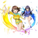  2girls aoi_misa black_hair blue_eyes breasts brown_hair flower hair_flower hair_ornament hairclip highres holding_hands kandagawa_jet_girls large_breasts long_hair multicolored_hair multiple_girls namiki_rin naruko_hanaharu official_art open_hand open_mouth outstretched_arm purple_hair short_hair streaked_hair transparent_background two-tone_hair wetsuit yellow_eyes 