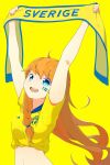  1girl absurdres ahoge arms_up blue_eyes braided_sidelock highres kentsdesign long_hair looking_at_viewer midriff navel open_mouth orange_hair original scarf sweden swedish_flag swedish_flag_print swedish_text unworn_scarf world_cup yellow_background yellow_scarf 