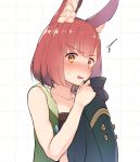  1girl animal_ear_fluff animal_ears bangs bare_arms bare_shoulders blush breasts bunny_ears calm_mashiro caught clothes_sniffing eyebrows_visible_through_hair hound_(sekaiju) looking_at_viewer nose_blush sekaiju_no_meikyuu sekaiju_no_meikyuu_5 short_hair smelling solo white_background yellow_eyes 