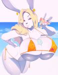  absurd_res anthro big_breasts bikini blonde_hair breasts cleavage clothed clothing dessert female food hair hi_res huge_breasts ice_cream lagomorph leporid looking_at_viewer mammal quickdraw rabbit red_eyes solo swimwear wide_hips 