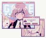  2girls artist_name backpack bag bangs black_jacket blonde_hair blue_hair blush collared_shirt colored_inner_hair commentary criis-chan danganronpa ear_ribbon eyebrows_visible_through_hair flipped_hair game_over grin hair_ornament hairclip hand_up jacket long_hair looking_at_viewer monomi_(danganronpa) multicolored_hair multiple_girls nanami_chiaki neck_ribbon parted_lips pink_hair pink_nails pink_ribbon portrait ribbon shirt smile spoilers stuffed_animal stuffed_bunny stuffed_toy super_danganronpa_2 tagme watermark web_address white_shirt 