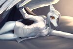 absurd_res amber_eyes anthro bed breasts cavemanon_studios clothed clothing fang_(gvh) feathered_wings feathers female frill_(anatomy) furniture ghost3280 glowing goodbye_volcano_high grey_hair hair hi_res inviting inviting_to_bed inviting_to_cuddle inviting_under_covers light looking_at_viewer lying lying_on_bed morning neumbra on_bed orange_makeup pale_body panties prehistoric_species pterodactylus pterosaur raised_wings reptile ribs scalie shirt short_tail skinny slim snoot_game snout solo solo_focus sunlight tail topwear underwear wings
