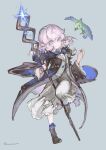  1girl bird elf fantasy highres holding holding_staff konno_takashi long_hair magic original pink_eyes pink_hair pointy_ears robe simple_background staff standing standing_on_one_leg wizard 