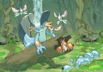  blue_skin colored_skin corphish fallen_tree grass highres lily_pad masquerain no_humans pokemon pokemon_(creature) q-chan quagsire swampert swimming tree water wetland 
