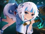  1girl absurdres blue_eyes blue_hair dayshiart diamond_pickaxe english_commentary fish_tail floating gawr_gura highres holding_pickaxe hololive hololive_english hood hoodie light_blush looking_to_the_side minecraft multicolored_hair shark_fin shark_tail smile solo streaked_hair tail two_side_up underwater virtual_youtuber white_hair 