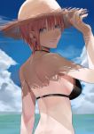  1girl back bangs beach bikini black_bikini blazpu blue_eyes blunt_bangs breasts cloud earrings from_behind go-toubun_no_hanayome hair_behind_ear hand_on_headwear hat highres jewelry looking_back medium_breasts nakano_ichika ocean parted_lips pink_hair sideboob smile solo summer sun_hat swimsuit 