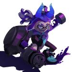  1girl :d black_pants blue_horns blue_pupils colored_tongue fake_horns fangs full_body highres horns hyper_chikuwabu ink_tank_(splatoon) inkling inkling_girl inkling_player_character jacket long_sleeves nautilus_(splatoon) open_mouth pants pointy_ears purple_hair purple_tongue shadow shoelaces shoes short_hair simple_background smile solo splatoon_(series) sweatpants teeth tentacle_hair twintails white_background white_eyes zipper_pull_tab 
