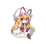  1girl bangs blonde_hair bow brown_footwear chibi dress eyebrows_visible_through_hair fan full_body hair_bow hat hat_ribbon holding holding_fan long_hair long_sleeves looking_at_viewer mob_cap open_mouth red_bow red_eyes red_ribbon ribbon simple_background solo tabard touhou white_background white_dress white_headwear wide_sleeves yada_(xxxadaman) yakumo_yukari 