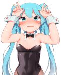  1girl abmayo absurdres aqua_eyes aqua_hair arms_up bangs bare_arms bare_shoulders black_bow black_leotard black_neckwear blush border bow bowtie breasts collarbone commentary covered_navel detached_collar double_v embarrassed hatsune_miku highres leotard long_hair looking_at_viewer medium_breasts nail_polish nose_blush open_mouth pantyhose playboy_bunny red_nails shiny shiny_clothes simple_background solo strapless strapless_leotard twintails v very_long_hair vocaloid white_background wrist_cuffs 