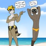  1:1 anthro beach bulge clothed clothing duo finger_gun fuze gesture hands_behind_head hi_res looking_at_another male mammal monotreme navel nipples platypus procyonid raccoon seaside skimpy speedo swimwear topless 