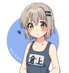  1girl blush collarbone fuji_fujino green_eyes grey_hair hair_ornament hairclip school_swimsuit short_hair simple_background solo swimsuit two-tone_background yama_no_susume yukimura_aoi 