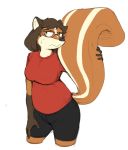  2020 anthro black_nose bodily_fluids bottomwear breasts brown_body brown_fur brown_hair clothing eyewear female fur glasses hair hand_on_tail mammal rodent sciurid shirt shorts simple_background solo subakitsu sweat sweatdrop topwear tree_squirrel uncomfortable white_background 