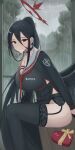  1girl absurdres angel_wings black_choker black_hair black_serafuku black_shirt black_skirt black_thighhighs black_wings blue_archive blurry breasts choker cleavage closed_mouth commentary depth_of_field feet_out_of_frame gangjeong gift halo hasumi_(blue_archive) highres large_breasts long_hair long_sleeves looking_at_viewer mole mole_under_eye neckerchief ponytail rain red_eyes red_halo red_neckerchief school_uniform serafuku shirt skirt thighhighs tree very_long_hair wings 
