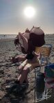 anthro beach clothing deer female fluffy_ears hair hair_bun hooves isa_sturmi mammal mate_(beverage) photo_background photography_(artwork) red_hair sand sea short_stack solo swimwear turkojar water