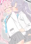  2girls black_gloves black_skirt blue_archive blue_necktie blush closed_eyes collared_shirt commentary fang fingerless_gloves flying_sweatdrops geneakarin gloves grey_background halo holding_another&#039;s_wrist jacket koyuki_(blue_archive) licking licking_another&#039;s_face long_hair long_sleeves meme multiple_girls musical_note necktie open_mouth outline pink_hair pleated_skirt purple_hair shirt simple_background skin_fang skirt spoken_musical_note tears tongue tongue_out twintails uohhhhhhhhh!_(meme) variant_set white_jacket white_outline white_shirt yuri yuuka_(blue_archive) 