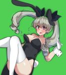  1girl absurdres anchovy_(girls_und_panzer) animal_ears antyobi0720 bangs bare_shoulders black_ribbon blush breasts bright_pupils bunny_ears bunny_tail cleavage commentary drill_hair eyebrows_visible_through_hair fake_animal_ears fake_tail floating floating_hair girls_und_panzer gloves green_background green_hair hair_ribbon highres legs leotard long_hair looking_at_viewer medium_breasts open_mouth playboy_bunny red_eyes ribbon simple_background skindentation smile solo strapless strapless_leotard tail thighhighs twin_drills twintails white_gloves white_legwear white_pupils wrist_cuffs 