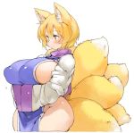 1girl animal_ears blonde_hair breasts covered_nipples fox_ears fox_tail hair_between_eyes hands_in_opposite_sleeves huge_breasts multiple_tails sachito short_hair simple_background solo tabard tail touhou white_background wide_hips yakumo_ran yellow_eyes 