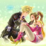  1boy 1girl aerith_gainsborough aerith_gainsborough_(terra&#039;s_garb) black_gloves black_jacket black_pants blonde_hair blue_eyes boots breasts brown_hair cape closed_mouth cloud_strife cloud_strife_(locke&#039;s_outfit) cosplay couple dated detached_sleeves dress earrings final_fantasy final_fantasy_vii final_fantasy_vii_ever_crisis full_body gloves gold_trim green_background green_eyes grey_footwear hair_between_eyes hair_bobbles hair_ornament hair_ribbon hand_on_another&#039;s_cheek hand_on_another&#039;s_face headscarf hetero high_heel_boots high_heels jacket jewelry light_blush locke_cole locke_cole_(cosplay) long_hair looking_at_another medium_breasts multiple_necklaces official_alternate_costume on_one_knee pants parted_bangs pink_dress pink_footwear pink_ribbon pink_sleeves polka_dot_pantyhose ponytail ribbon sash short_hair sidelocks sitting smile spiked_hair strapless strapless_dress terra_branford terra_branford_(cosplay) tube_dress waist_sash yahokichi_ma yellow_cape 