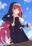  1girl avila_(oshiro_project) bare_shoulders blue_eyes blush breasts detached_sleeves eyebrows_visible_through_hair from_behind large_breasts long_hair looking_at_viewer looking_back midoriyama_soma nun oshiro_project oshiro_project_re red_hair sitting smile solo 