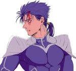  1boy armor beads biceps blood blood_on_face blue_hair cu_chulainn_(fate)_(all) earrings fate/stay_night fate_(series) hair_beads hair_ornament highres jewelry lancer long_hair looking_to_the_side male_focus muscle pauldrons ponytail red_eyes shoulder_armor simple_background skin_tight solo spiked_hair tikarawaza type-moon white_background 