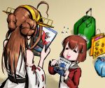  2girls ahoge bag blu-ray brown_eyes brown_hair brown_neckwear choufu_shimin commentary_request detached_sleeves double_bun dress flying_sweatdrops grey_sailor_collar hairband headgear japanese_clothes kantai_collection kongou_(kantai_collection) long_hair luggage multiple_girls neckerchief pointing red_shirt ribbon-trimmed_sleeves ribbon_trim sailor_collar sailor_shirt shirt shopping_bag short_hair tan_yang_(kantai_collection) white_dress yukikaze_(kantai_collection) 
