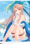  1girl absurdres armor ass bangs bare_shoulders beach bikini blue_sky breasts brown_eyes brown_hair closed_mouth cloud cloudy_sky collarbone day eyebrows_visible_through_hair flower gauntlets granblue_fantasy hair_flower hair_ornament hibiscus highres katalina_aryze long_hair looking_at_viewer medium_breasts ocean outdoors page_number palm_leaf palm_tree scan shiny shiny_skin simple_background sitting sky smile solo swimsuit thighs tree water white_bikini yashiro_seika 
