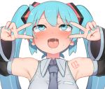  1girl :d abmayo ahegao aqua_eyes aqua_hair aqua_nails armpits bare_shoulders black_sleeves blue_neckwear blush commentary_request detached_sleeves double_v emotional_engine_-_full_drive fate/grand_order fate_(series) grey_shirt hair_ornament hands_up hatsune_miku highres long_hair nail_polish necktie open_mouth saliva shirt shoulder_tattoo simple_background sleeveless sleeveless_shirt smile solo sparkle sparkle_background sweat tattoo tearing_up twintails upper_body v v-shaped_eyebrows v_over_eye vocaloid white_background 